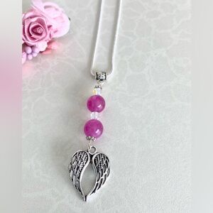 Pink Chalcedony Beaded Angel Wings Pendant with Sterling Silver Necklace